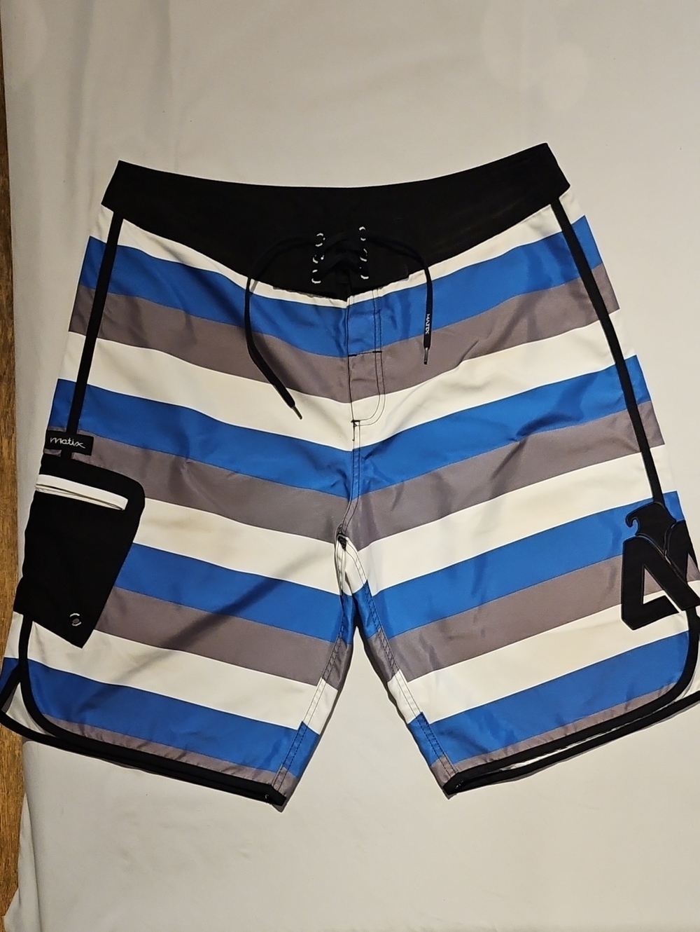 Matix Black, Blue, White & Gray Striped Board Shorts